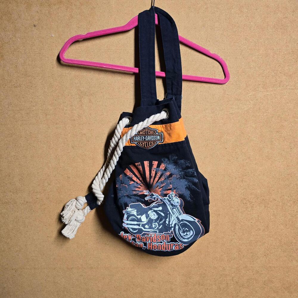 Harley Davidson Bahamas rope drawstring duffle bag canvas tote biker orange blck